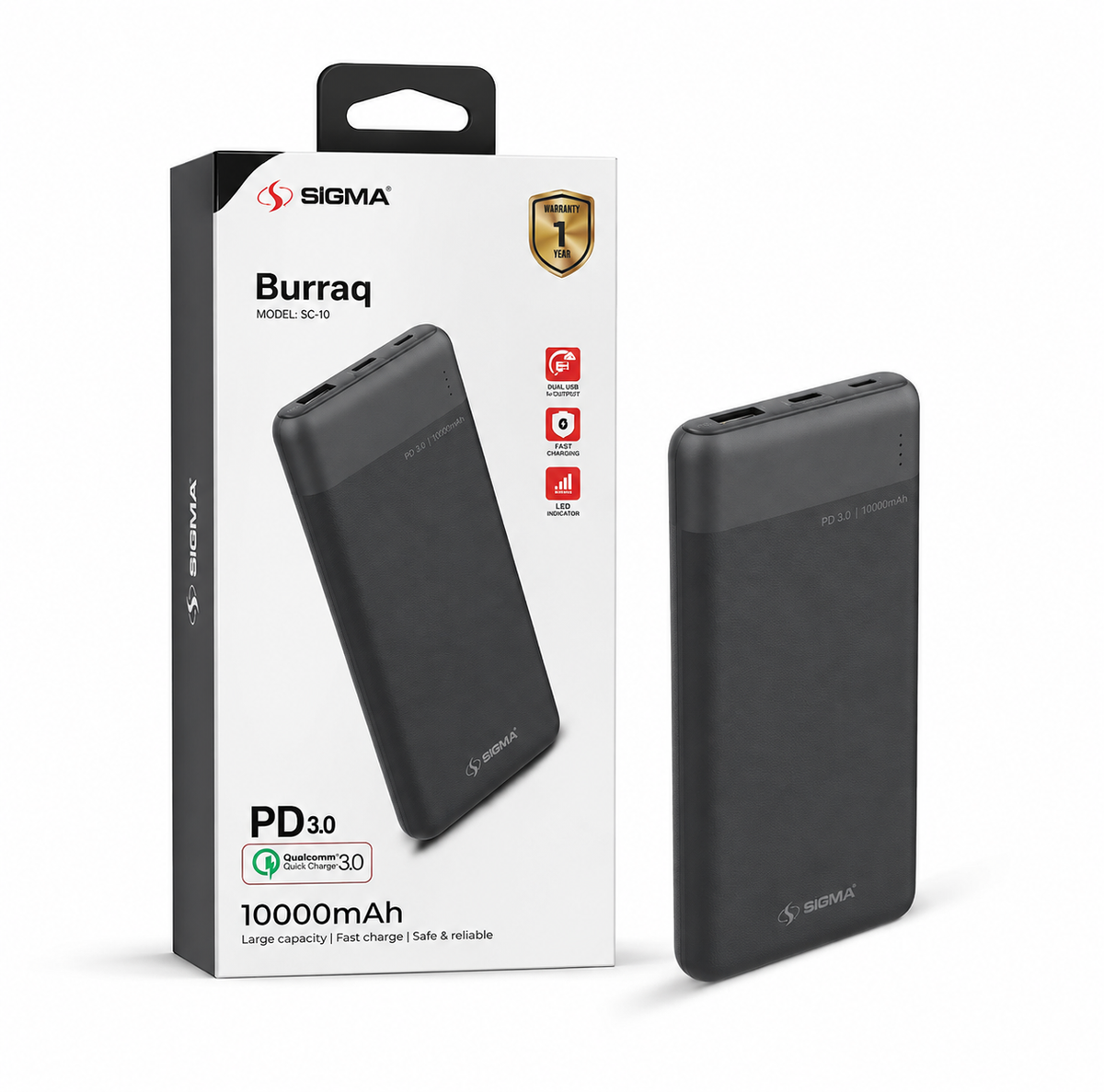 Sigma Burraq SC-10 10000mAh Power Bank – PD 3.0 & Quick Charge 3.0
