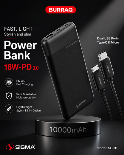 Sigma Burraq SC-10 10000mAh Power Bank – PD 3.0 & Quick Charge 3.0