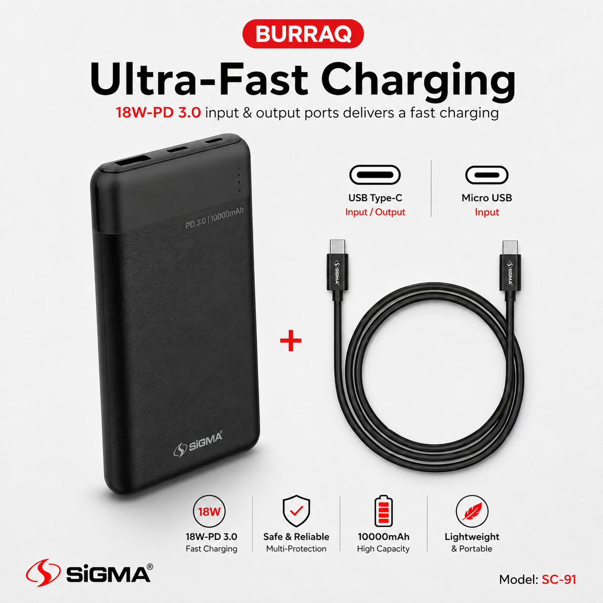 Sigma Burraq SC-10 10000mAh Power Bank – PD 3.0 & Quick Charge 3.0