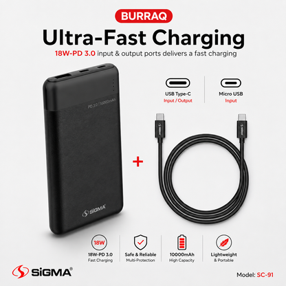 Sigma Burraq SC-10 10000mAh Power Bank – PD 3.0 & Quick Charge 3.0