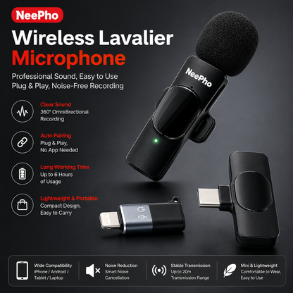 NeePho Wireless Lavalier Microphone – Plug & Play Noise Reduction Mic